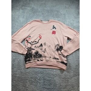 Men's Pink Crewneck Sweatshirt Asian Landscape Graphic Print Bird Kanji